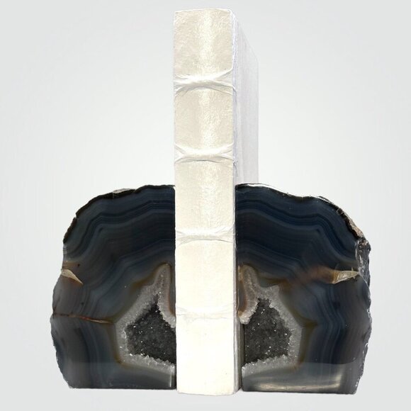 Agate Crystal Bookends w/ Geode Center, Natural Stone, Bookshelf, 6+ lbs. (FA) - Picture 6 of 16